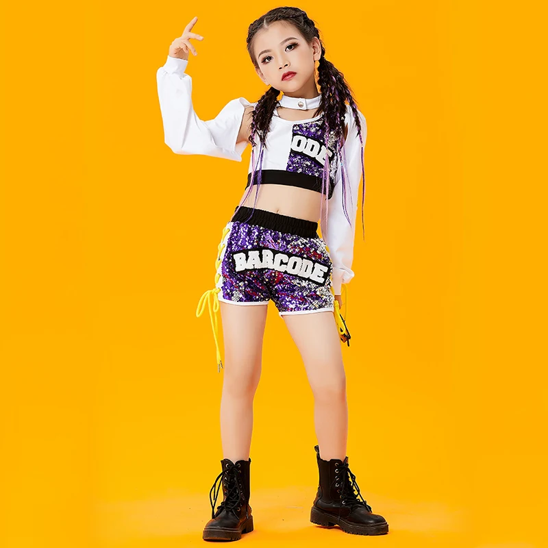 

Kids Hip-Hop Jazz Dance Costume Girls Sequin Clothes Modern Performance Costume Cheerlead Street Dancewear Rave Clothes