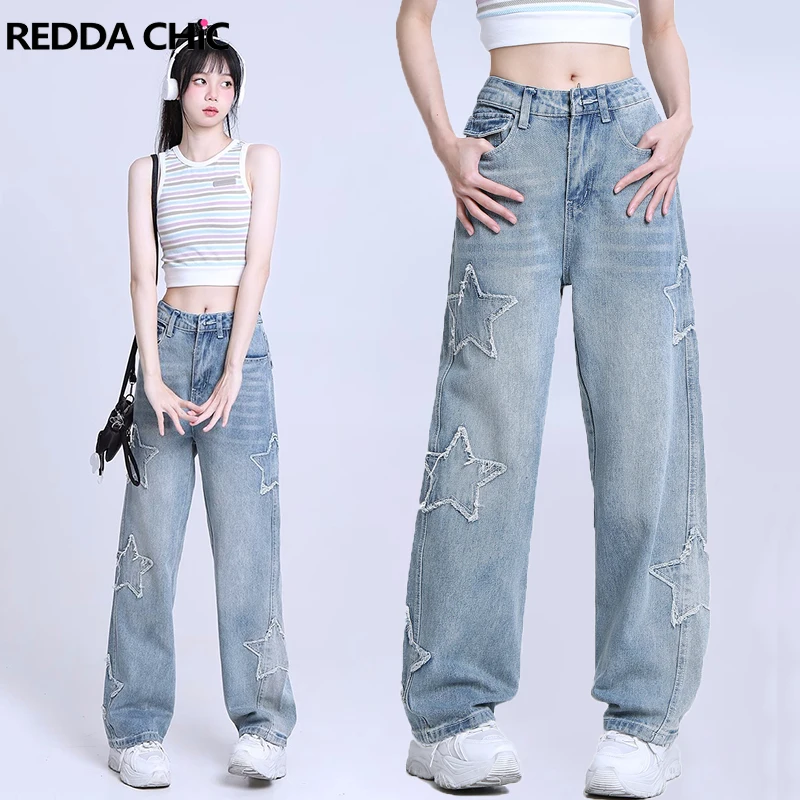

REDDACHiC Women Streetwear Acubi Pentagram Y2k Baggy Jeans Blue Oversize Skater Wide Leg Pants Star Patched High Waist Trousers