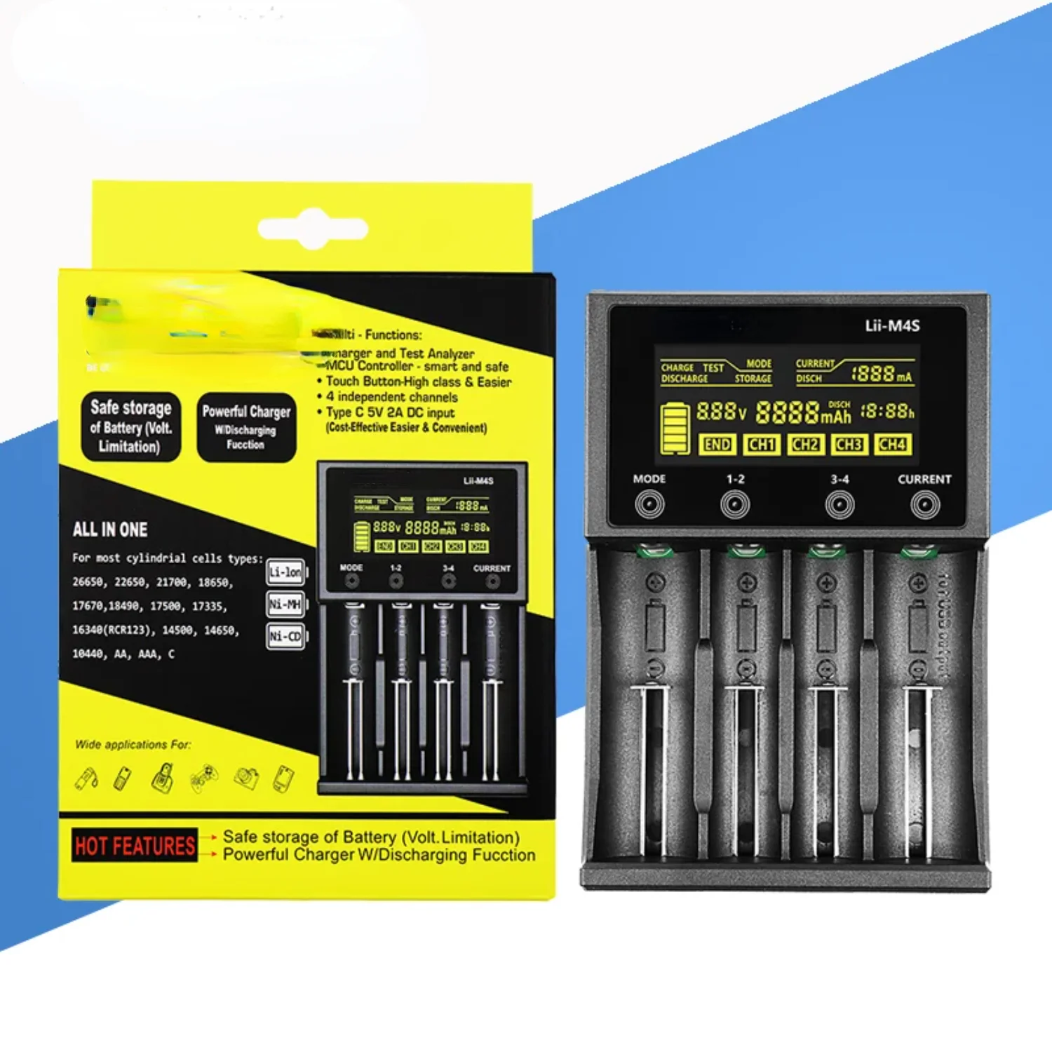 Lii-M4S Lii-M4 +U1 18650 Умное зарядное устройство с ЖК-дисплеем для 26650 21700 32650 20700 16340