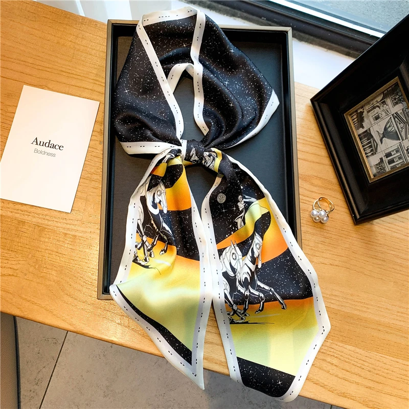 

Women Silk Satin Headband Scarf Luxury Horse Print Skinny Ribbon Neck Tie Female Hair Hand Bag Wirst Foulard Bufanda 2021 New