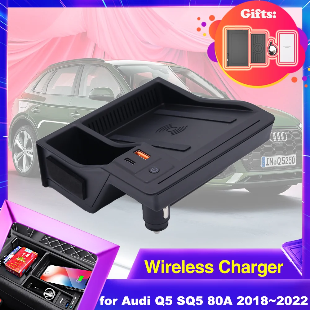 

15W Car Wireles Charging Pad for Audi Q5 SQ5 80A Sportback 2018~2022 Armrest Storage Box Phone Fast Charger Plate 2019 2020 2021