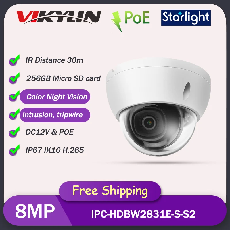 

VIKLYN 8mp 4K Security PoE IP Camera Outdoor Starlight IPC-HDBW2831E-S-S2 Dome Video Surveillance IK10 IP67 H265 IVS CCTV Webcam