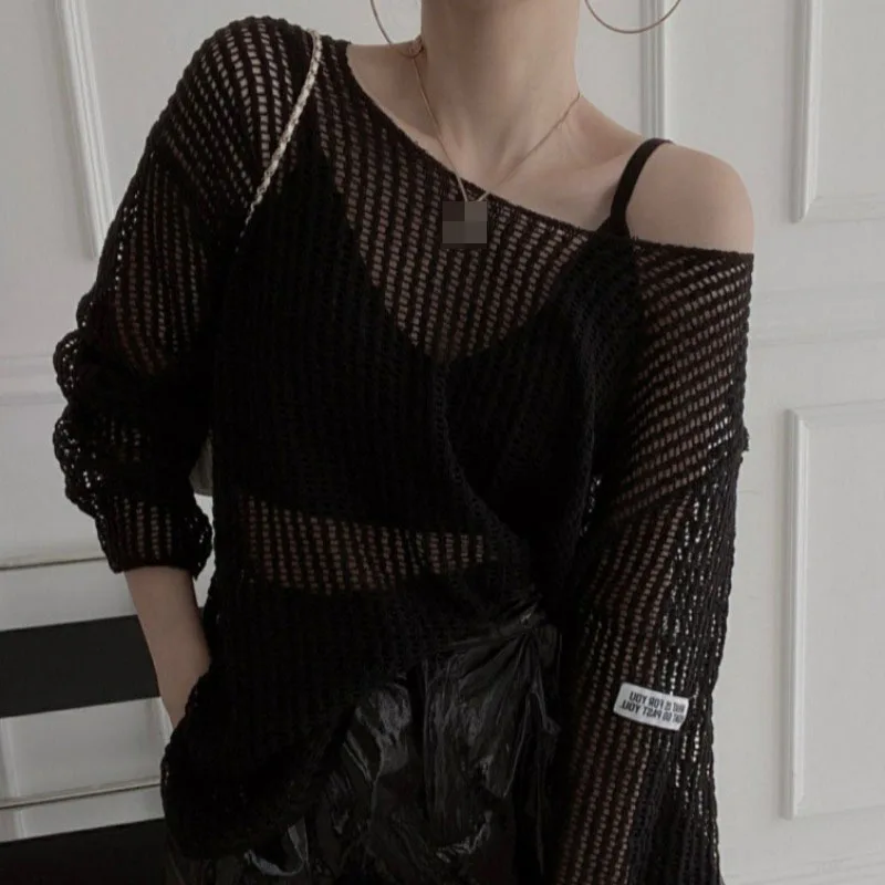 

New summer women's all-match round neck thin long-sleeved knitted cardigan outside with see-through sun protection shirt coat