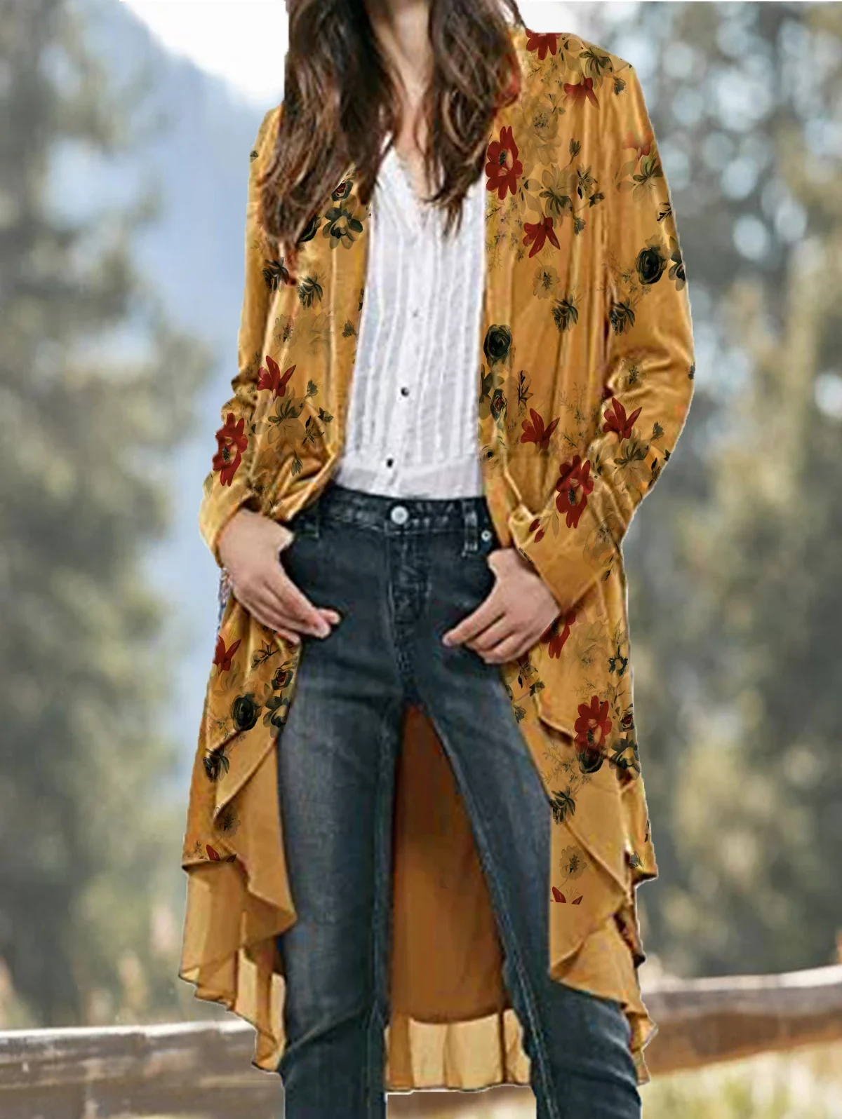 

Womens Floral Print Kimono Outerwear Open Front Boho Long Sleeve Long Jackets Casual Asymmetrical Hem Regular V-neck Winter Coat