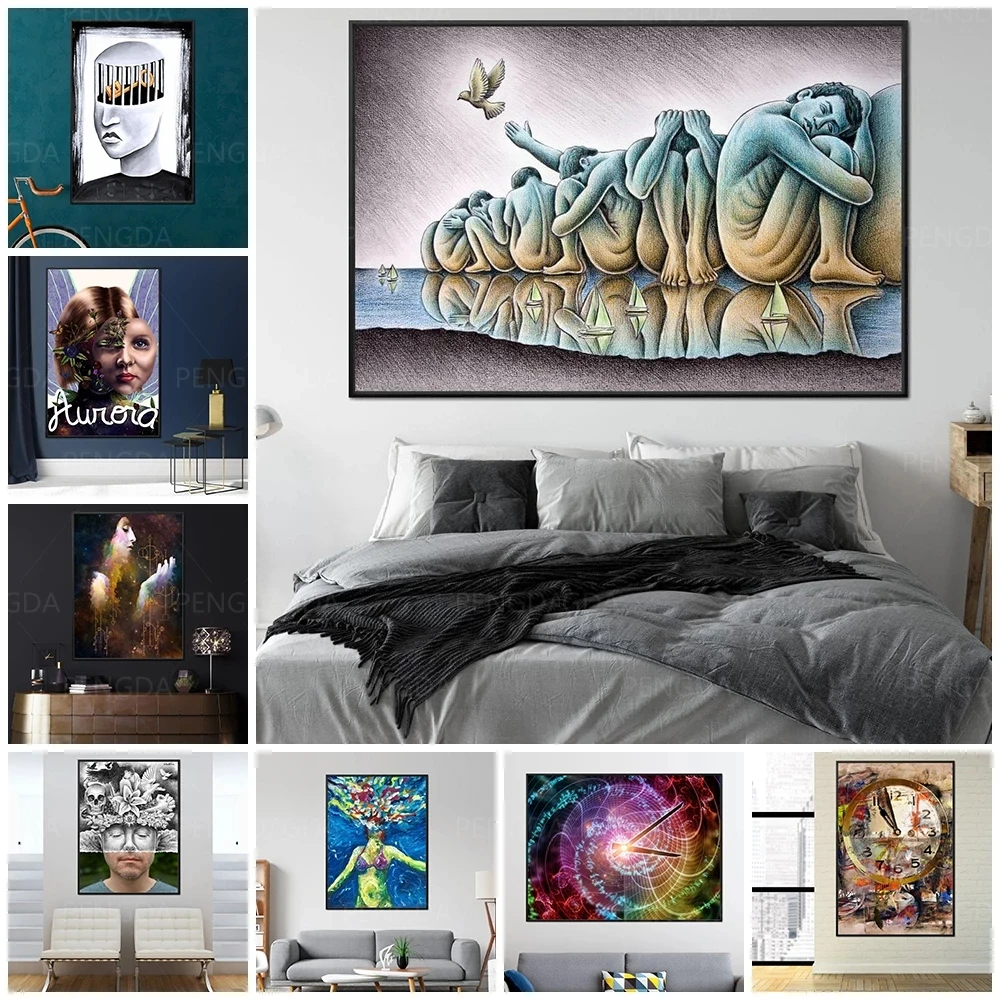 

HD Prints Home Decor Nordic Clock Statue Character Abstract Pattern Poster Picture Canvas Painting Modular No Framework Wall Art