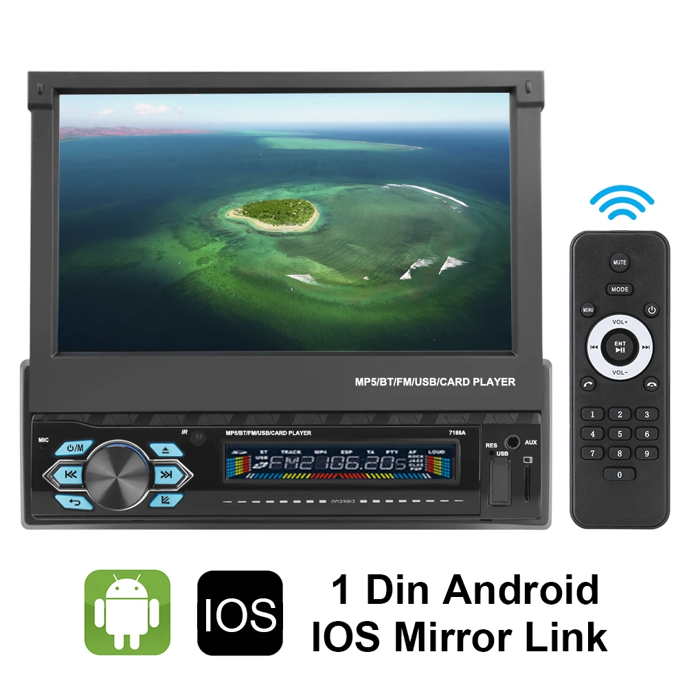 

Автомагнитола с сенсорным экраном 7 дюймов, стерео-система на Android/IOS, с функцией Mirror Link, Типоразмер 1 Din, Bluetooth, GPS-навигация