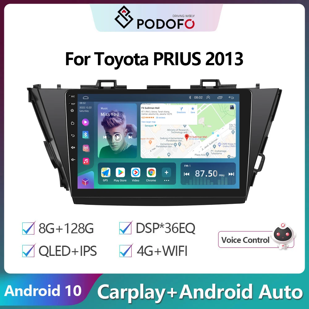 Podofo 2 Din Android 10 Car Radio Multimidia Video Player For Toyota PRIUS 2013 GPS Navigation 2din Carplay Auto Stereo No DVD