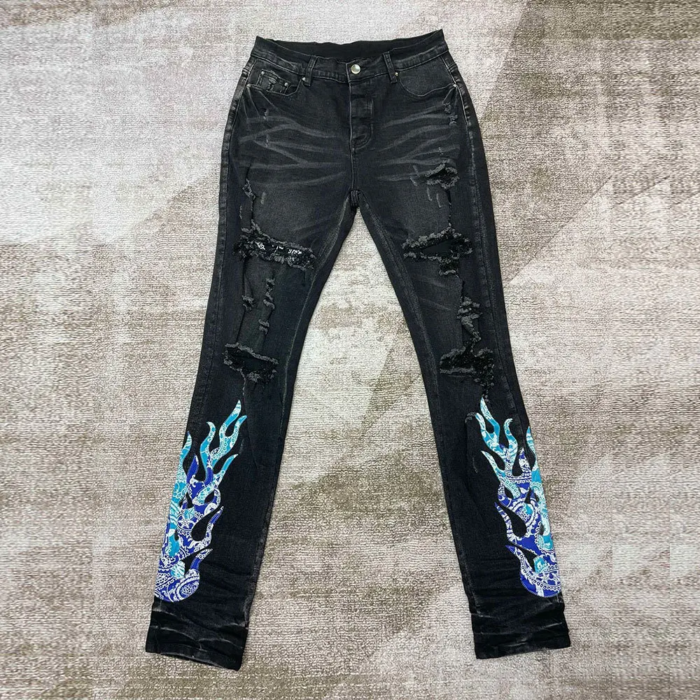 

America Streetwear Motorcycle Jeans Pants 2022 Trend Fire Print Slim Blue Jeans Hip Hop Vintage Hole Jeans Men Los Hombres Jeans