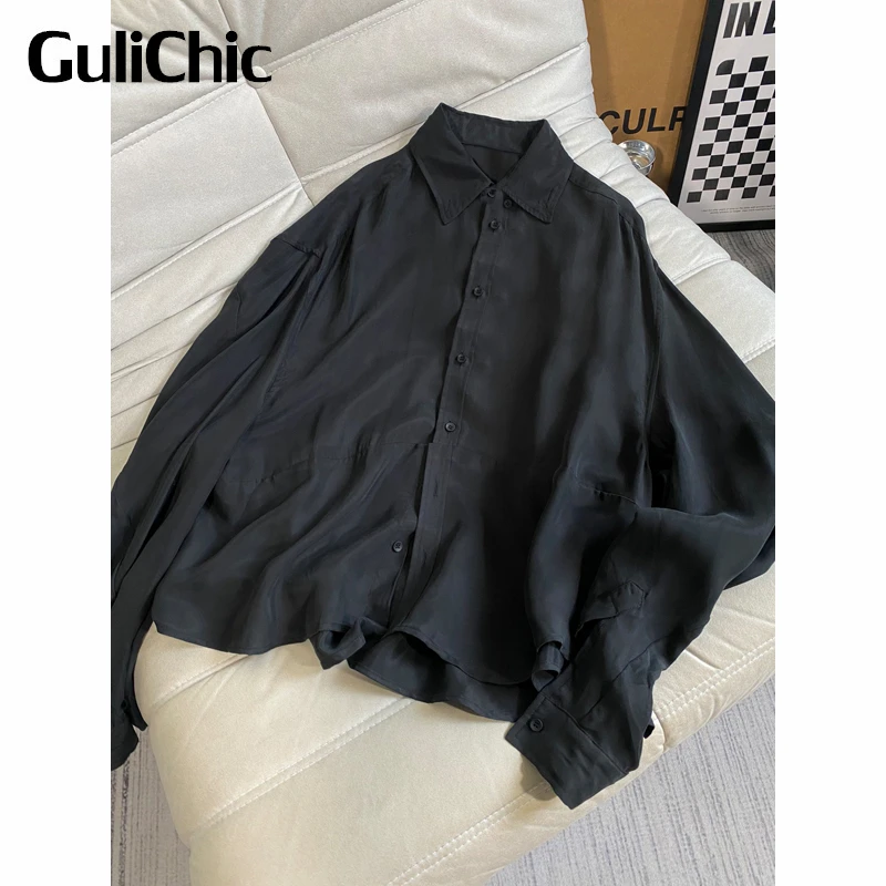 11.3 GuliChic Women Black Vintage Long Sleeve Turn Down Collar Casual Loose Shirt