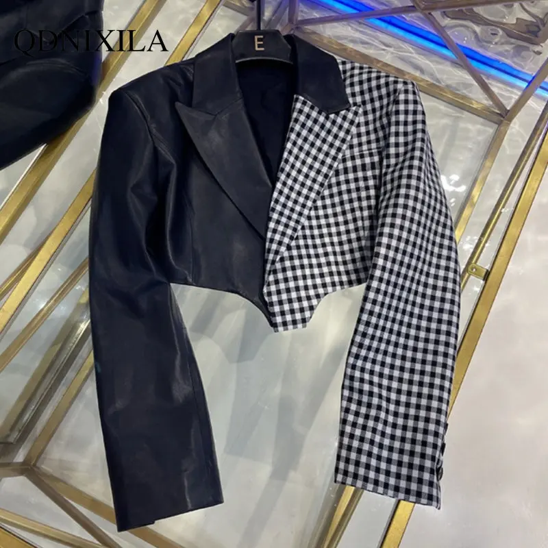 2023 Spring Jacket Women Y2k Black-and-white Plaid Contrast Stitching PU Leather Jacket Women New Outerwear Top Women UltraShort