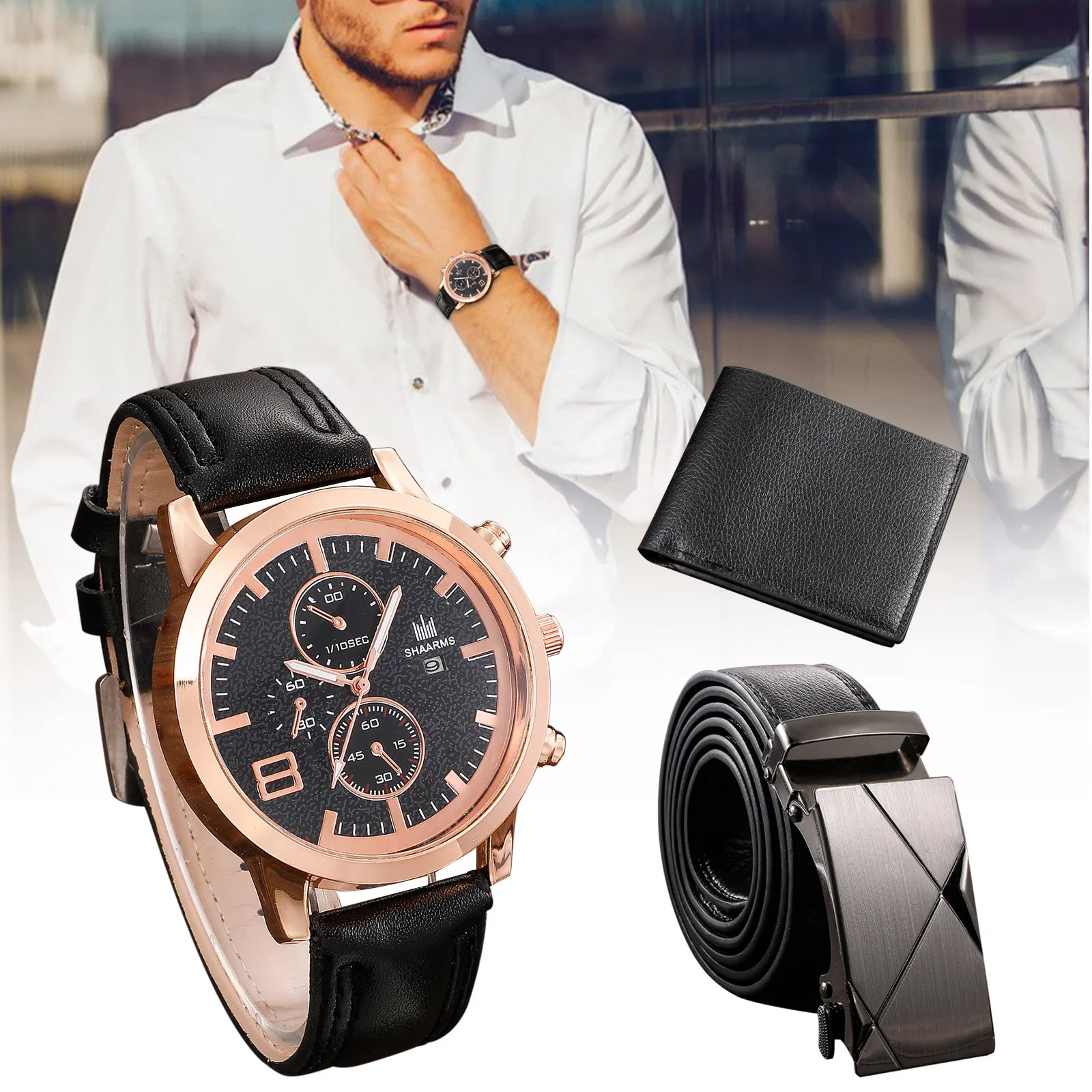 

Men's Watch+Wallet+Belt Set Male's Gift for Father's Day Birthday Gift 3pcs/set Casual Quartz Watch Good-looking MAZI888