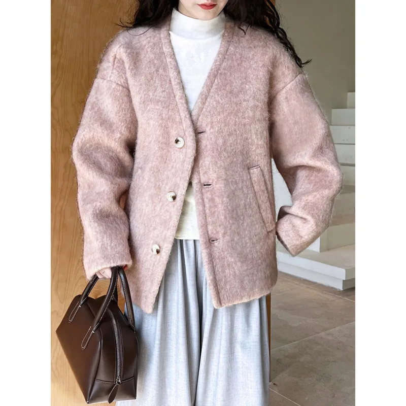 

Женское зимнее шерстяное пальто с V-образным вырезом, однобортное Свободное пальто из 60%-ной шерсти в Корейском стиле