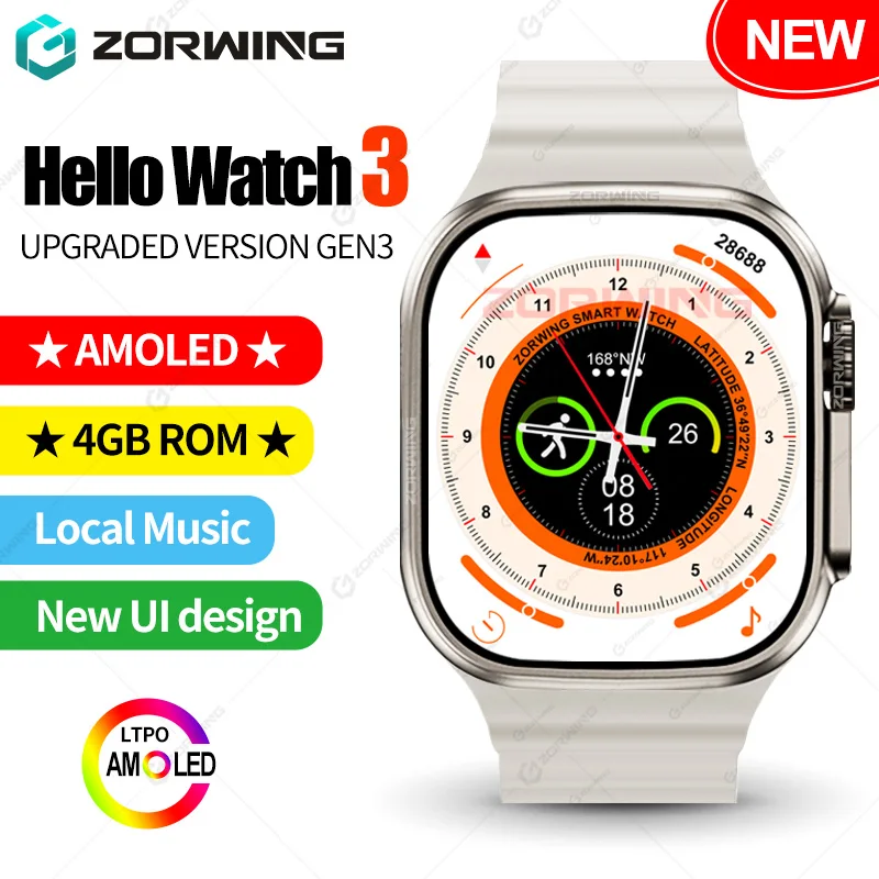 

Hello Watch 3 AMOLED Full Screen Smart Watch Men H11 Ultra Upgraded Compass Smartwatch with 4GB ROM Local Music for Android IOS