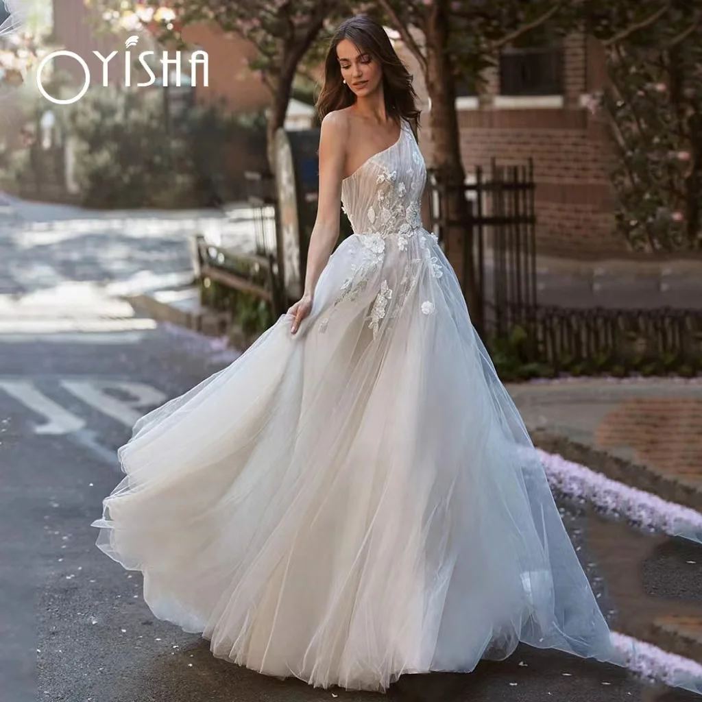 

OYISHA Fashion Elegant One Shoulder Wedding Dresses A-Line 3D Flowers Princess Court Train Tulle Bridal Gowns Vestido De Novia