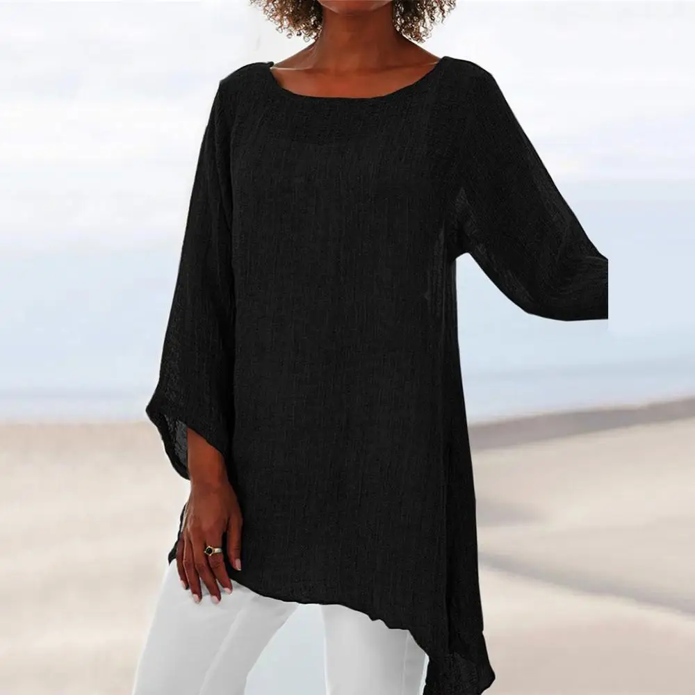 

Blouse Irregular Women Long Sleeve Loose Chic Pullover Autumn O Neck Hem T-shirt Blouse