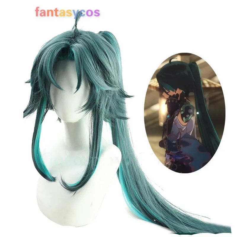 

Genshin Impact Xiao Cosplay Wig 100cm Long Straight Pigtail Dark Green Heat Resistant Hair Adult Halloween Role Play