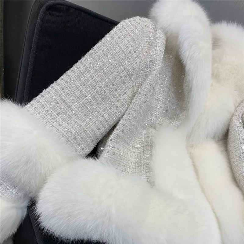 Tweed Wool Coat Real Fox Fur Collar and Cuff Winter Warm Overcoat Fashion Lapel Women Long Sleeves Jacket