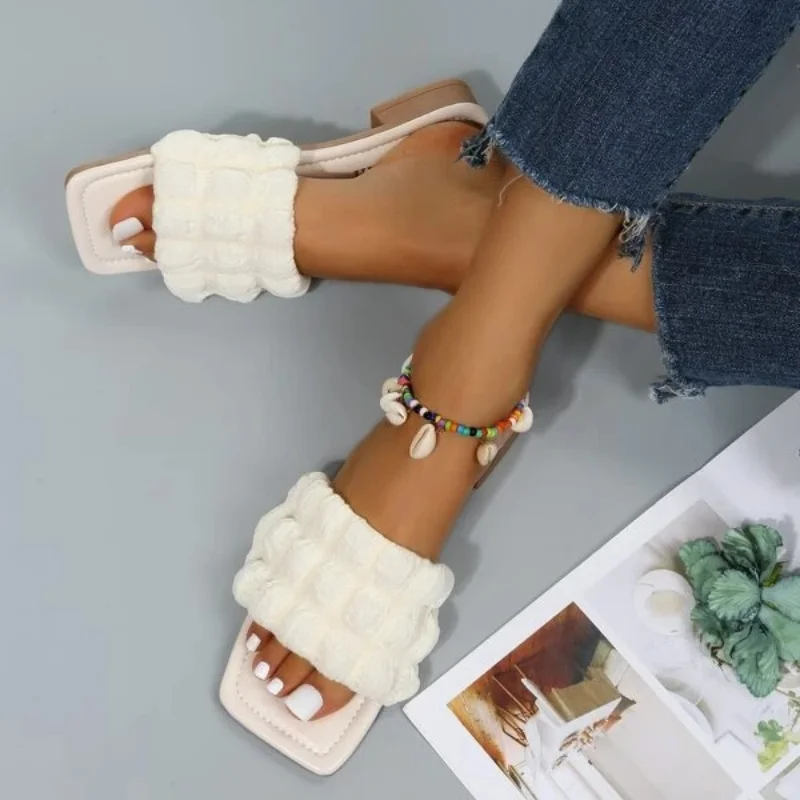 Elegant Women Minimalist Ruched Detail Flat Sandals Fashion Outdoor Polyester Single Band Open Toe Slides Sweet Summer New Shoes