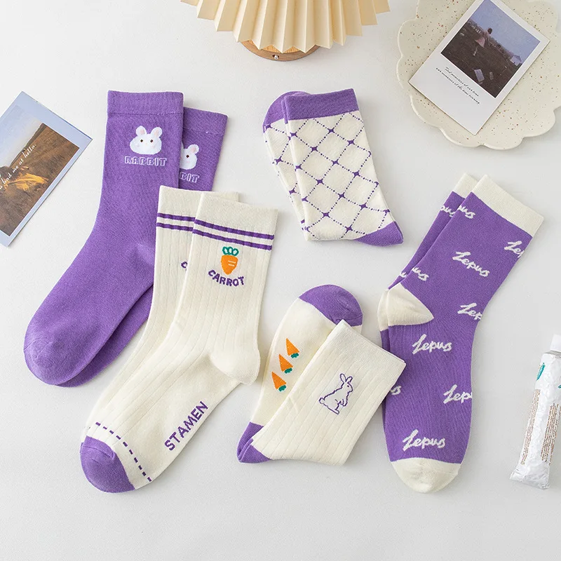 

Милые носки в стиле Харадзюку, женские носки с фиолетовым мультяшным Кроликом, хлопковые японские модные носки с надписью, милые спортивные...