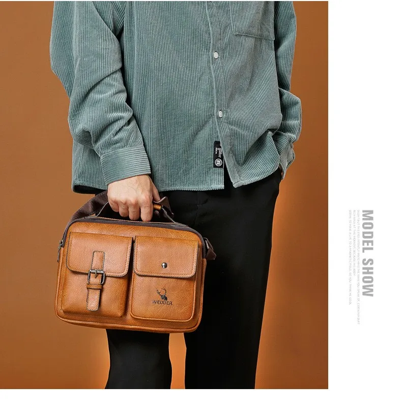 Men's Handbag Messenger Valise Shoulder Bags Zipper Briefcase Front Pocket Leisure Retro Letter Cartoon PU Outdoor Satchel Black