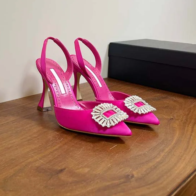 Women's Sandals Spring/Summer 2023 New High Heel Rhinestone Square Buckle Pointed Fashion After Party Trip Wrap Sandals