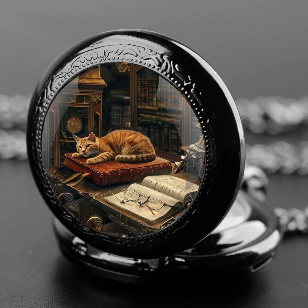 Vintage Art Cat Glass Dome Quartz Pocket Watch With Durable Chain Arabic Numeral Dial Extraordinary Gifts for Kids