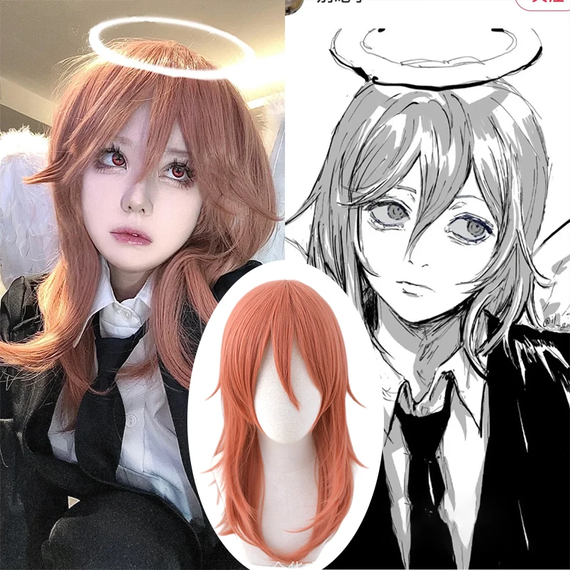 Парик для косплея человека с изображением ангела, дьявола, бензопилы, длинный Рождественский парик темно-оранжевого цвета для косплея, термостойкий синтетический