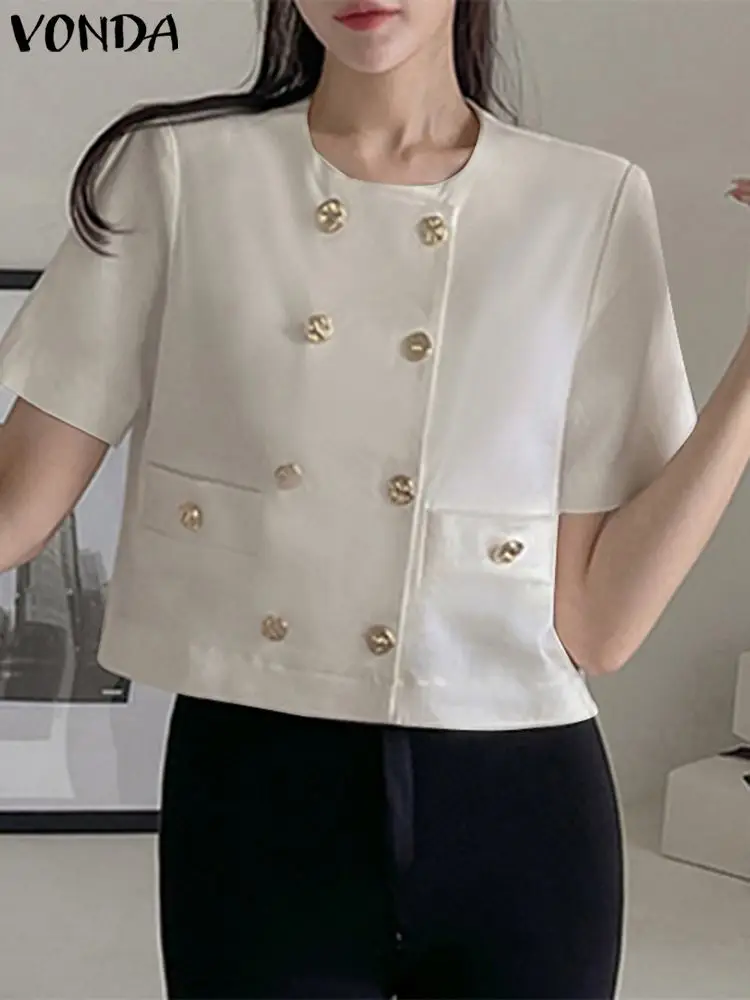 

VONDA Women Elegant Short Sleeve Blouse Shirts 2023 Fashion Tops Casual Solid Color Tunic Loose Buttons Summer Blusas Femininas