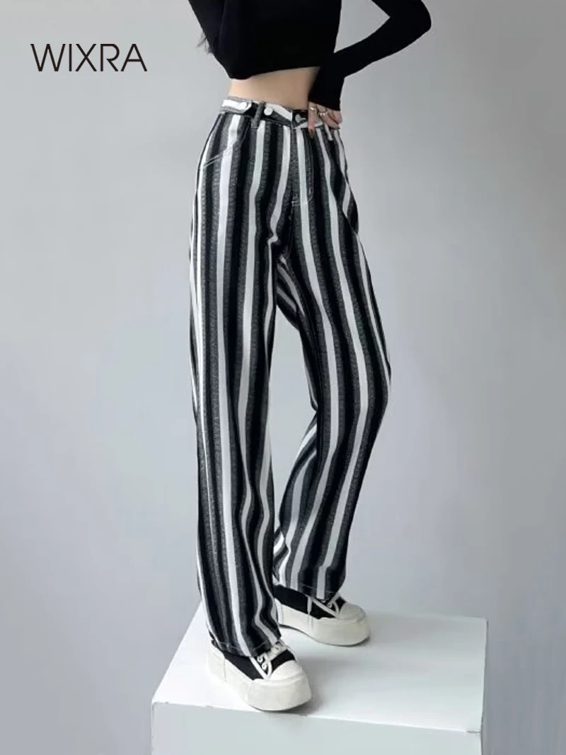 Wixra Women Wide Leg Striped Pants Autumn Black Buttons High Waist Elegant Casual Loose Trousers