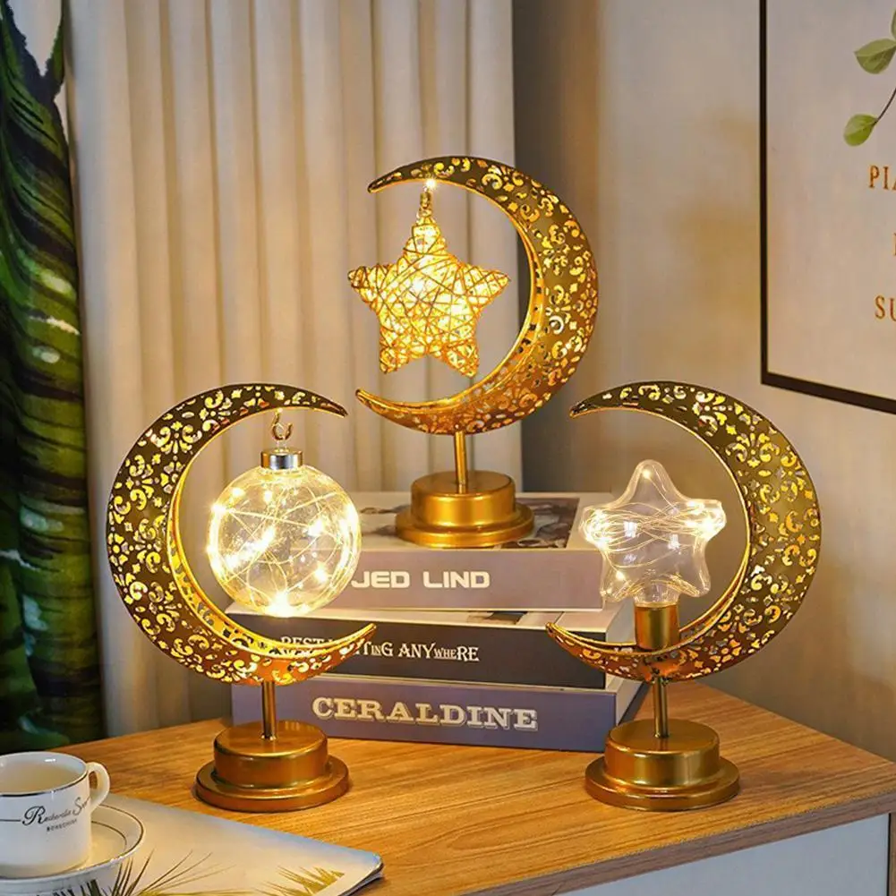 

Золотая Рамадан Луна Светодиодная лампа Декор для дома Металл Рамадан Kareem светильник украшение Eid Mubarak мусульманский 2023 Eid Настольный L N1D2