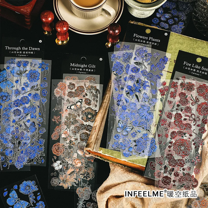 

3 pcs/pack flowers PET hot three-dimensional color silver small fresh flowers hand curtain material Stationery stickers