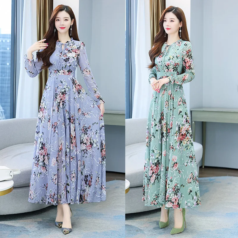 Muslim High Quality Floral Chiffon Women Maxi Dress 2023 Vintage Long Sleeve Party Dress Spring Autumn Boho Beach Muslim Dress