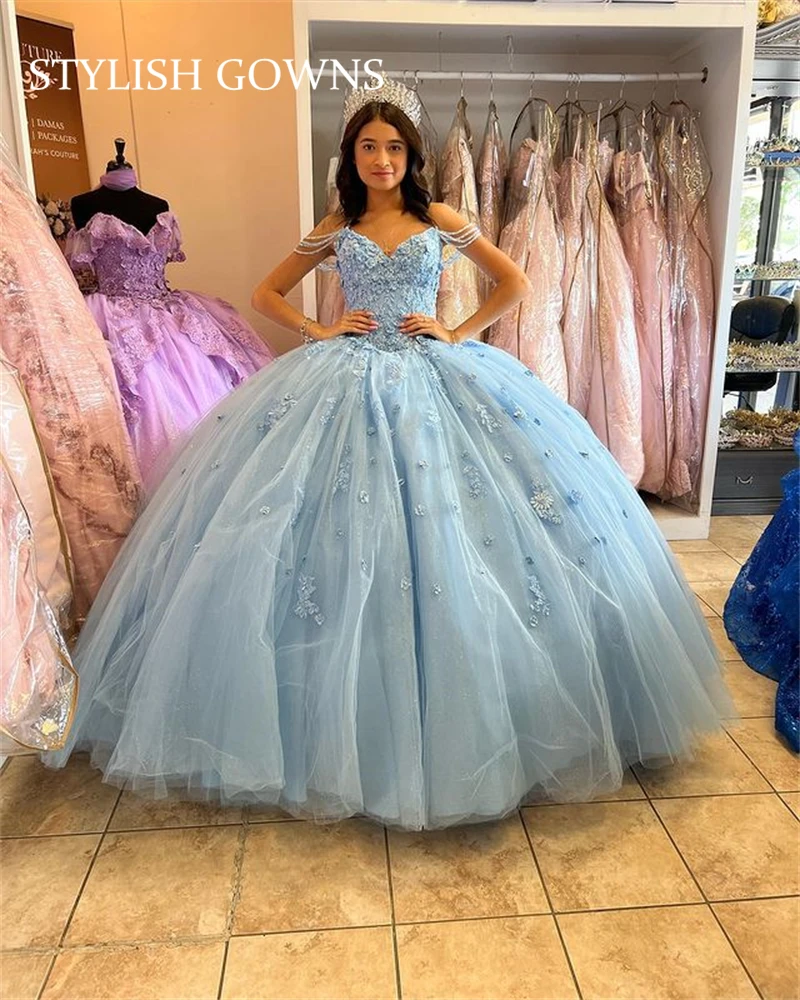 

Небесно-голубое милое платье Quinceanera бальное платье с бисером аппликации Милые 15 Vestidos De XV лет с открытыми плечами для дня рождения