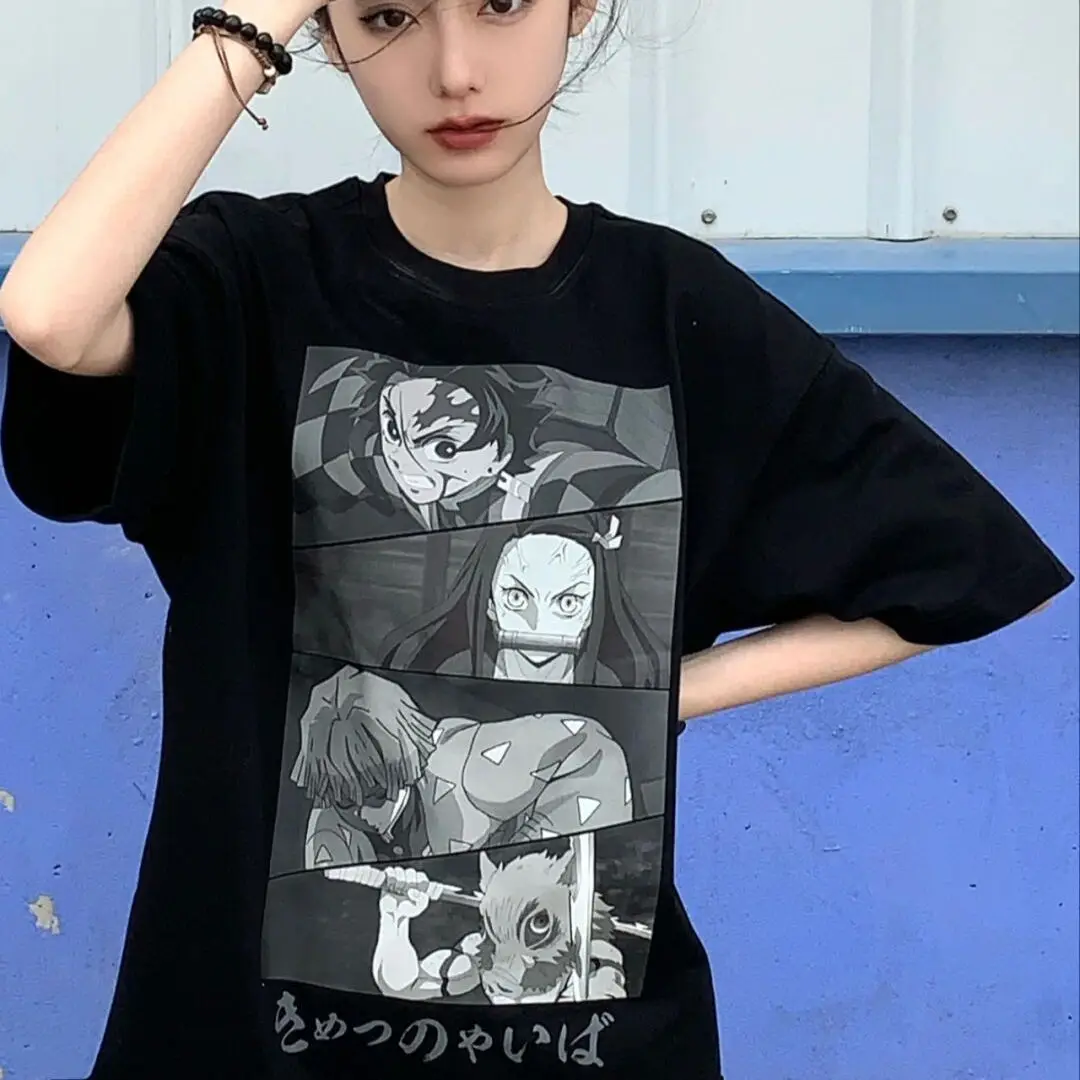 

Japanese Anime Pattern Oversized T-Shirt Summer Female Harajuku Street Cartoon Short-Sleeved Round Neck Casual Cotton T-Shirt
