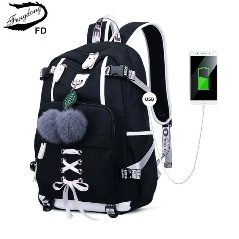 

Fengdong korean style high school backpack for teenage girl black white student girls backpack schoolbag cute book bag