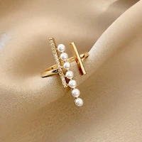2021 new charming 14k real gold minimalist style pearl rings for women adjustable design beautiful jewelry shiny aaa zircon gift