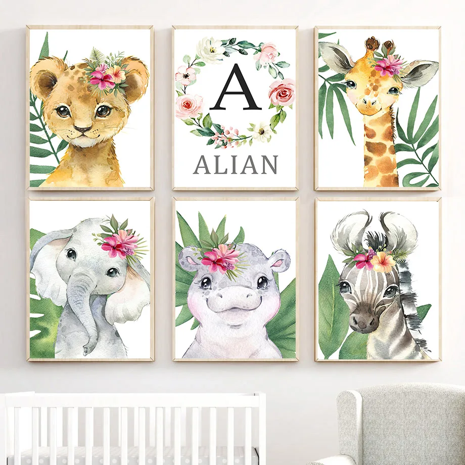 

Lion Giraffe Elephant Zebras Monkey Baby Custom Wall Art Canvas Painting Nordic Posters And Prints Wall Pictures Kids Room Decor