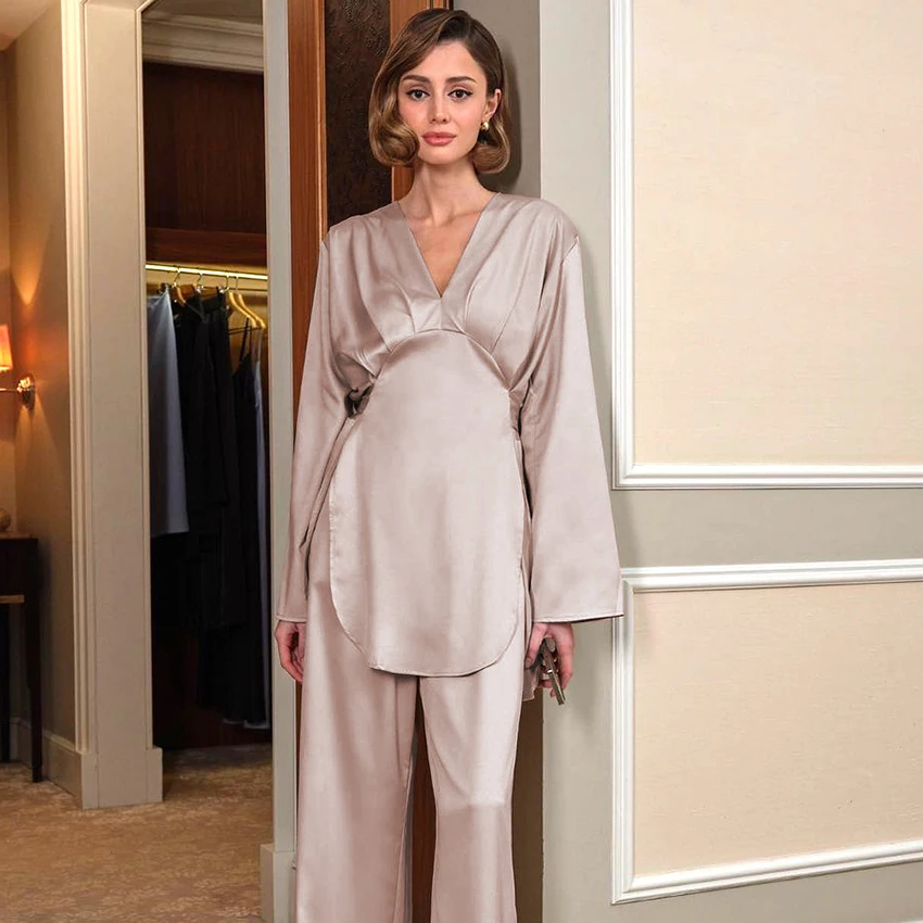 Elegant Solid Satin 2 Piece Set Women 2022 Sexy V Neck Long Sleeve Tops Trousers Home Suits Female Casual Autumn Pants Sets