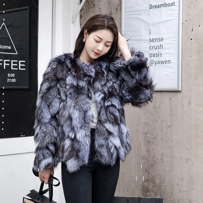 2022 Women Autumn Winter New Genuine Fox Fur Warm Outerwear Female O-neck Loose Jackets Ladies Long Sleeve Real Fur Coats Q393