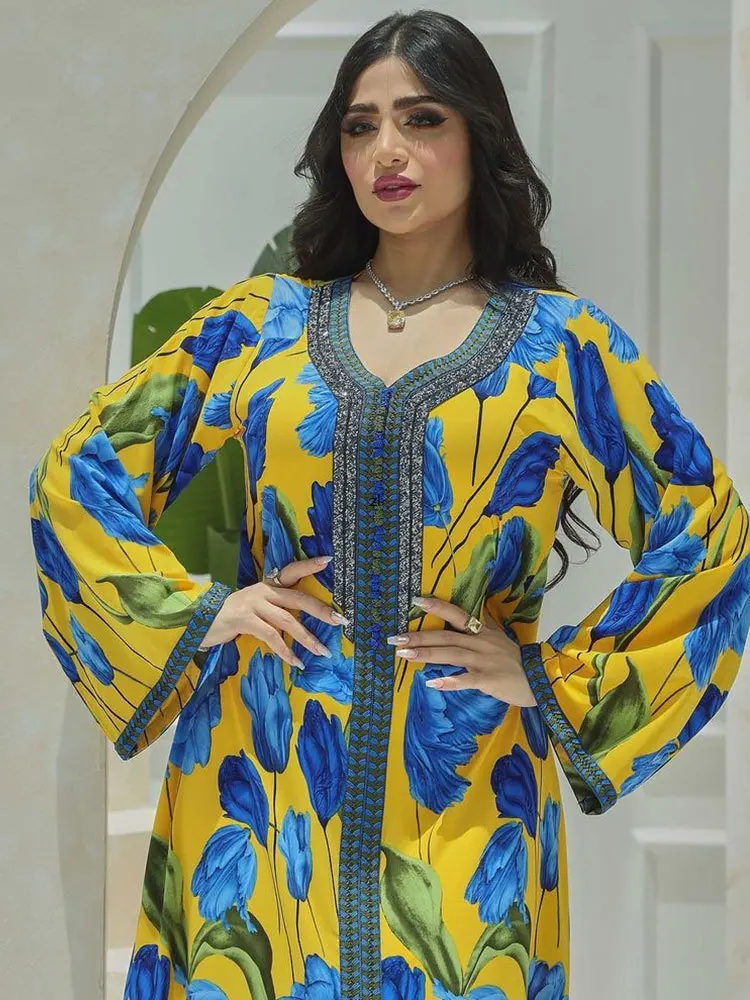 Floral Abaya Arabic Long Dress Women Diamonds Braid Trim Elegant Muslim Party Dresses Dubai Saudi Printed Jalabiya  Abayas