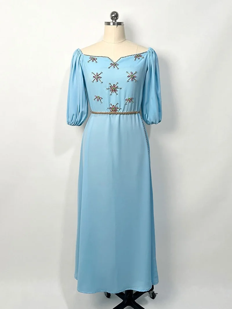 Slash Neck Arabian Party Dress Women Handsewn Rhinestones Metallic Belt Muslim Evening Long Dresses Gowns Gulf Jalabiya Abaya