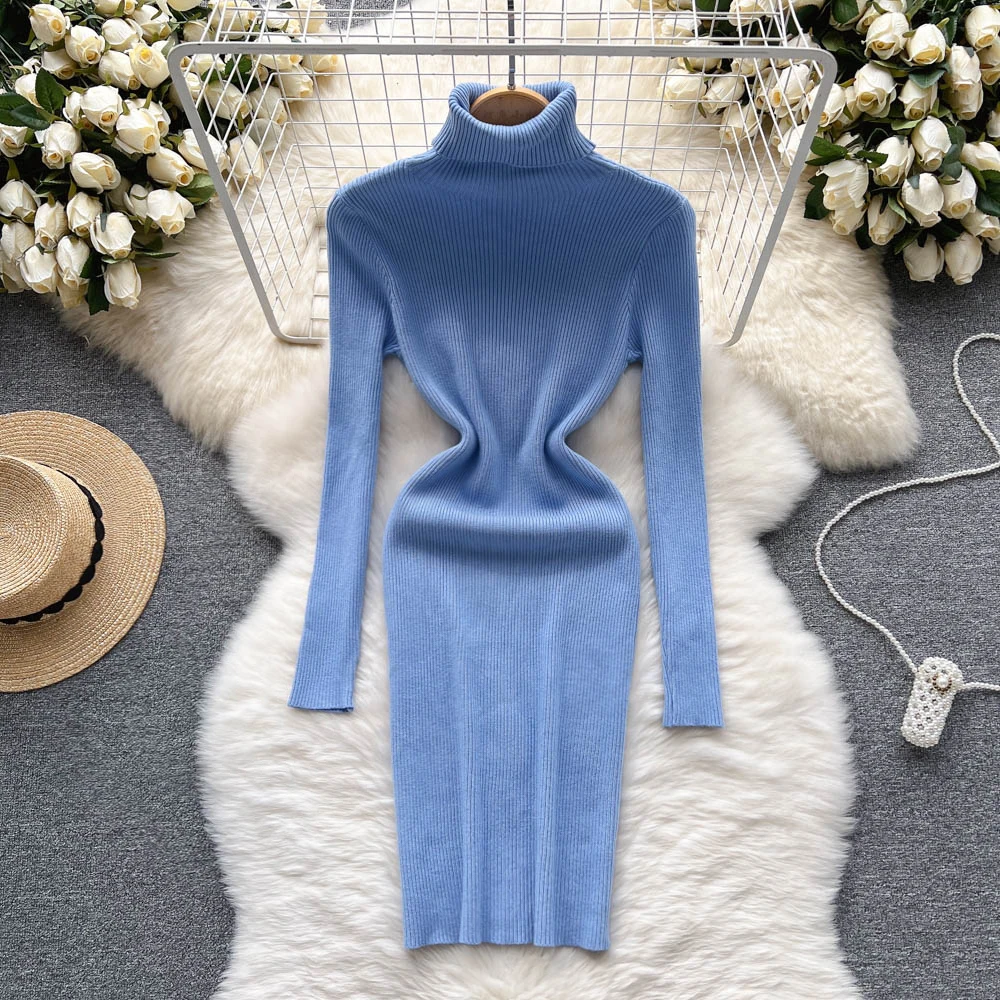 

Chic Elegant Turtleneck Long Sleeve Basic Bodycon Dress Sexy French Fashion Knitted Vestidos Women Slim Pencil Sweater Dress Ins