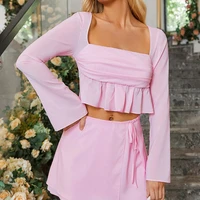 autumn chiffon skirt sets flare sleeves square collar crop top and tie up mini skirt multilayer with lining chic two piece sets