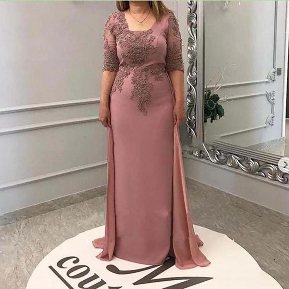 

2022 Mother of the Bride Groom Dress with Overskirt Chiffon Square Neck Half Sleeve Evening Party Wedding Guest Formal Prom Gown