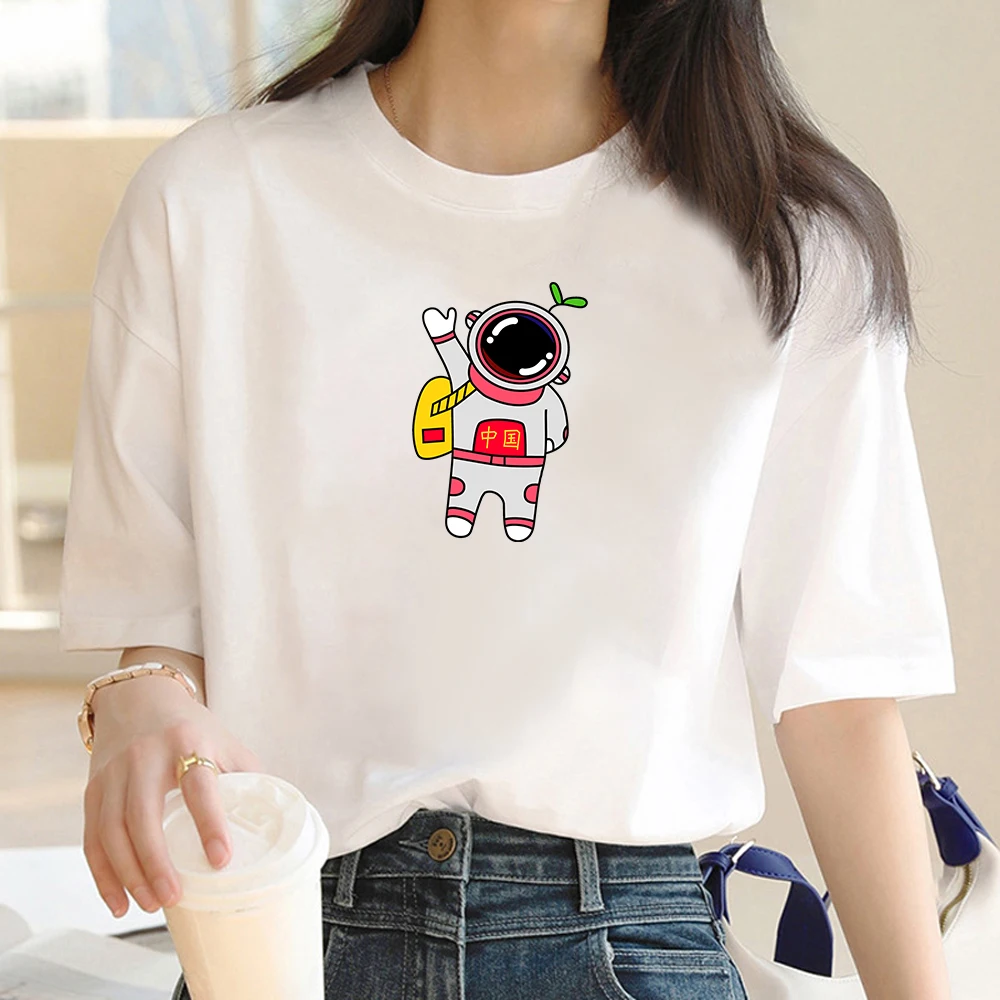 

JFUNCY Summer Women T-shirt Creative Space Astronaut printed short sleeve top Y2K Bestie Women T-shirt Fitted women T-shirt