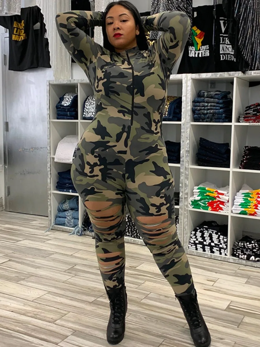 

LW Plus Size Jumpsuit Camo Print Ripped Regular Street Long Sleeve Cut Out O Neck Women Clothings