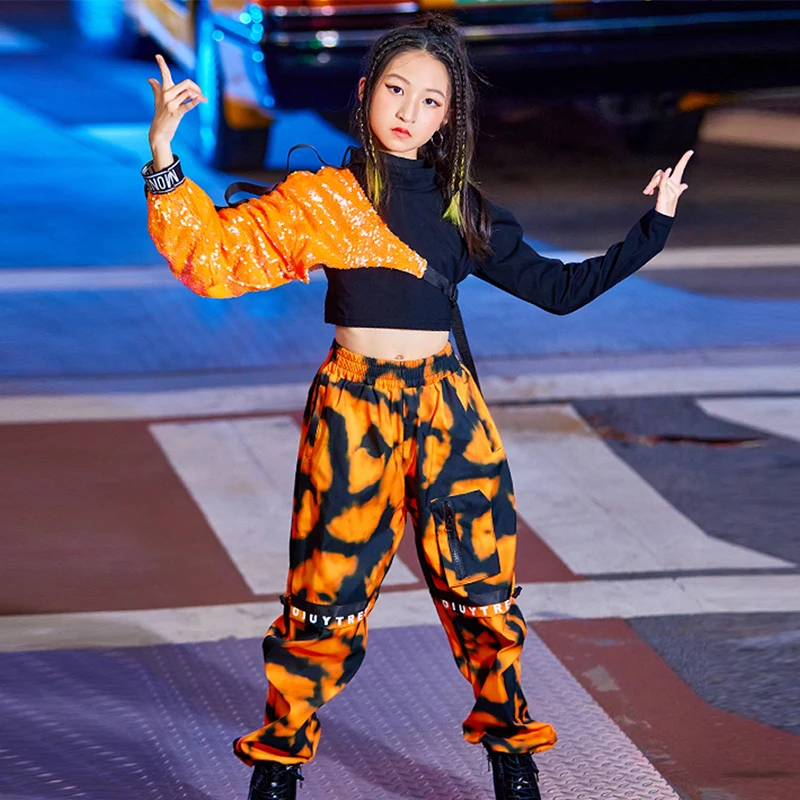 

Performance Clothes Children Dancer Outfit Orange Sequins Jazz Dance Costume For Girls Hip Hop Dancing Festival Clothing