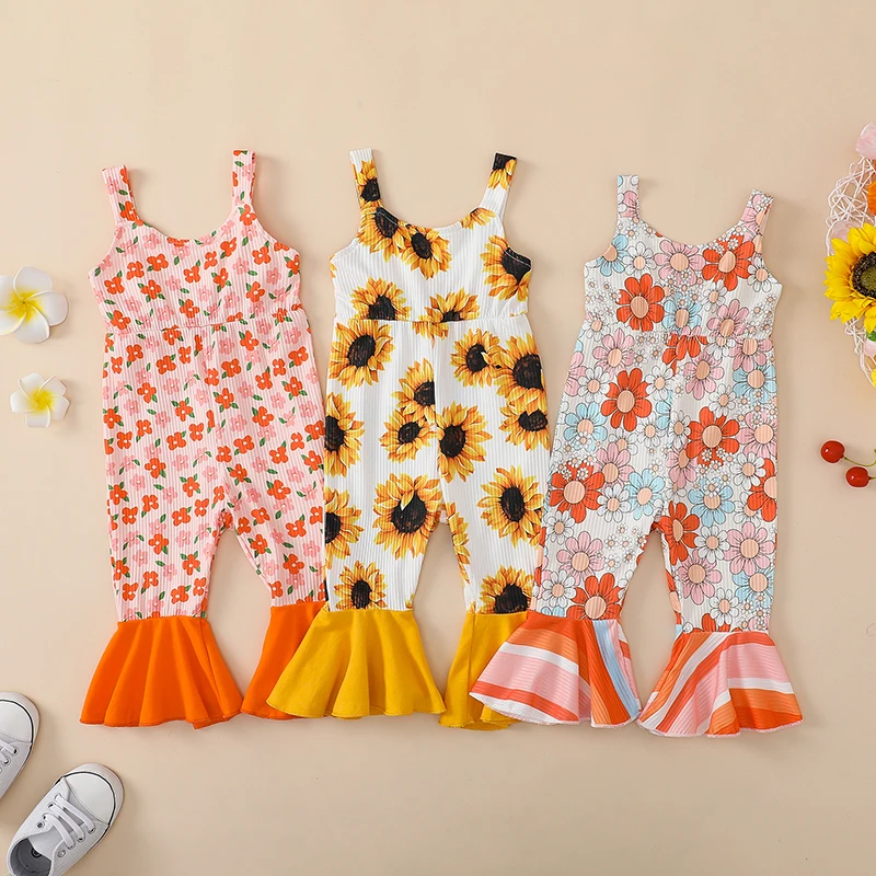 

2023-04-13 Lioraitiin 0-3Years Toddler Girl Summer Jumpsuit Overalls Sleeveless V Neck Floral Print Romper Bell-Bottoms