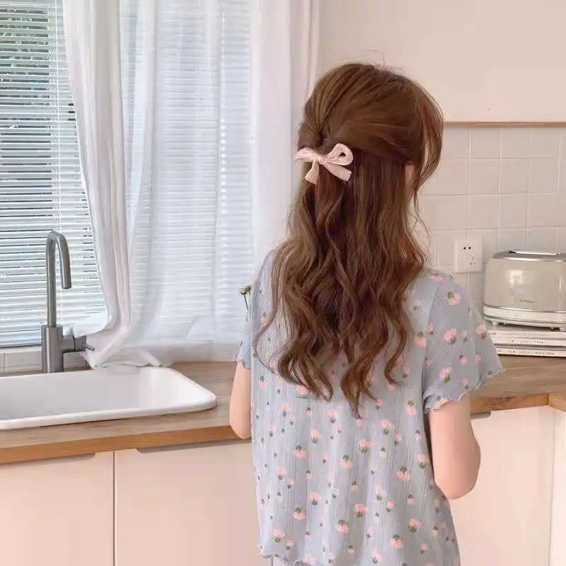 QWEEK Women's Summer Suit Floral Lace Trim Pajamas Korean Fashion Home Clothes Pijamas Sleepwear Cute Pink Yellow Blue Pyjamas