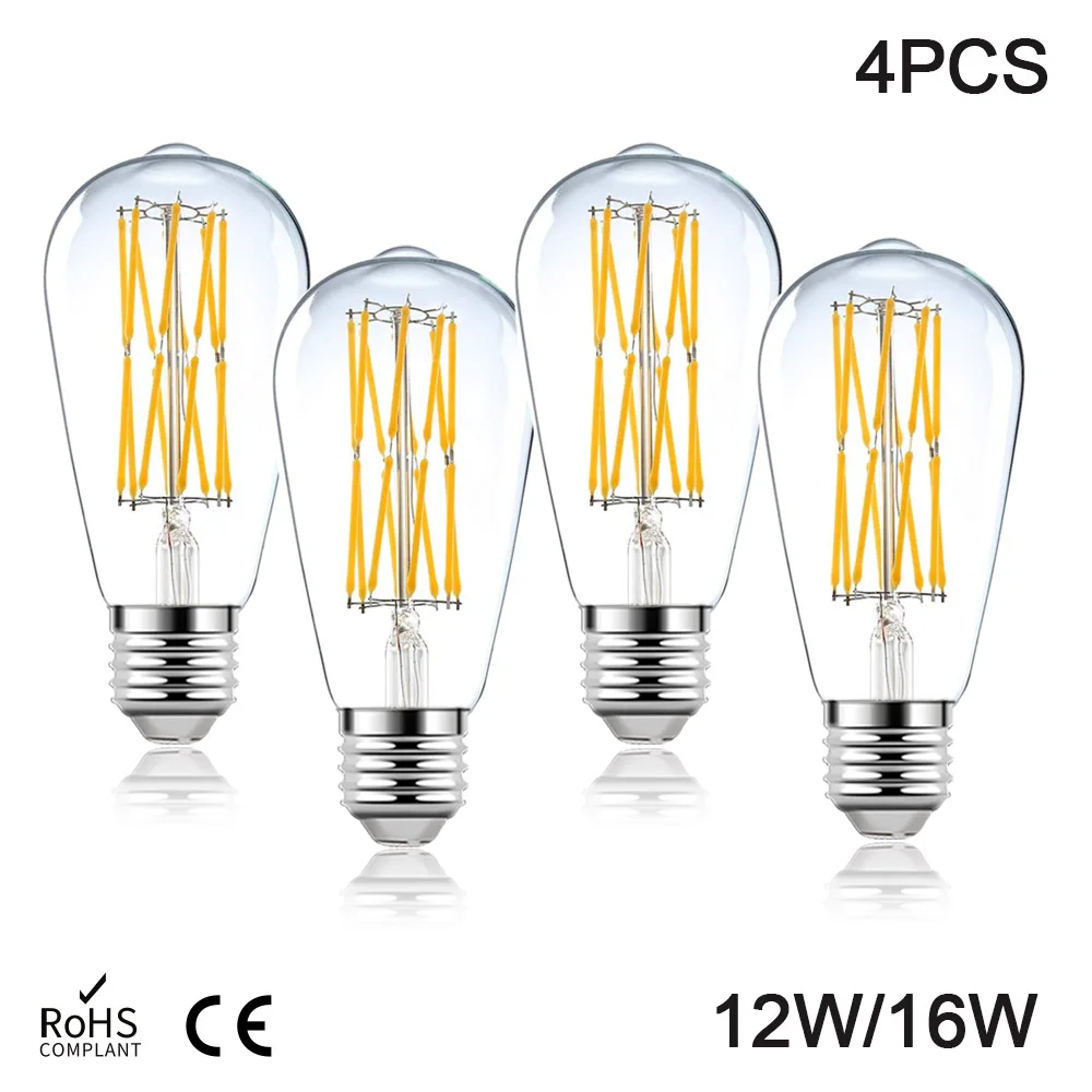 4pcs E27 Retro Edison LED Filament Bulb ST64 12W 16W 85-265V Light Bulb Warm White Natural White 4500K Bulb Decorative Light